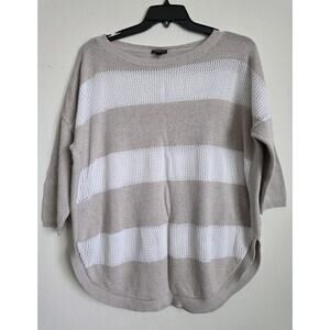 Express Sweater Women's XL White Tan Knit Crochet Qtr Sleeve Round Neck